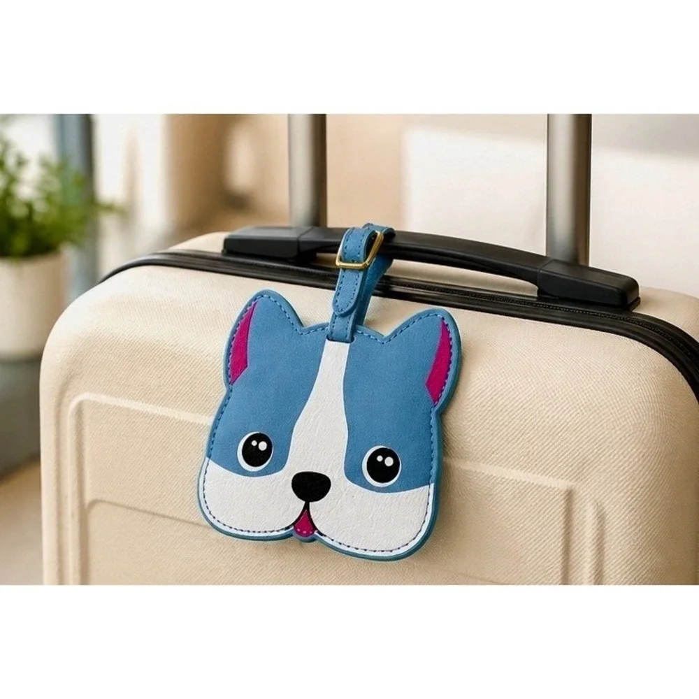 Blue French Bulldog Luggage Tag Faux Leather Puppy Dog Face Travel Bag ID Blue